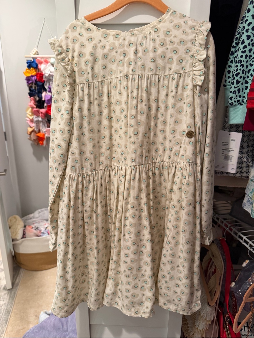 Girls Cream Floral Ruffle-Trim Dress